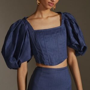 Anthropologie Aureta Studio Denim Blue Linen Balloon Sleeve Crop Corset Top NWT